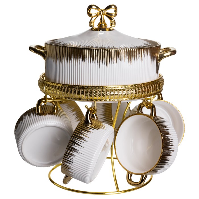 Суповий сервіз на 6 персон супниця 2 (л) на підставці з бульйонницями 400 (мл) тарілки для супу Білий із золотом FM-A23-2 (36565)