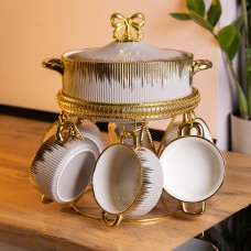 Суповий сервіз на 6 персон супниця 2 (л) на підставці з бульйонницями 400 (мл) тарілки для супу Сірий з золотом FM-A23-6 (12403)