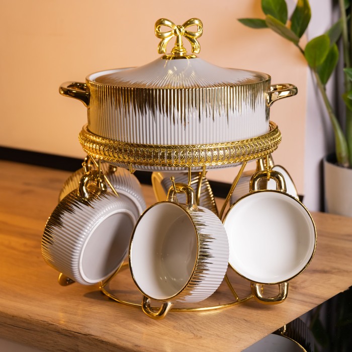 Суповий сервіз на 6 персон супниця 2 (л) на підставці з бульйонницями 400 (мл) тарілки для супу Сірий з золотом FM-A23-6 (12403)