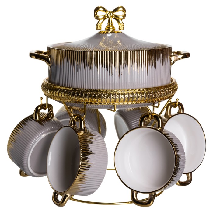 Суповий сервіз на 6 персон супниця 2 (л) на підставці з бульйонницями 400 (мл) тарілки для супу Сірий з золотом FM-A23-6 (12403)