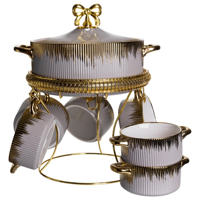 Суповий сервіз на 6 персон супниця 2 (л) на підставці з бульйонницями 400 (мл) тарілки для супу Сірий з золотом FM-A23-6 (12403)
