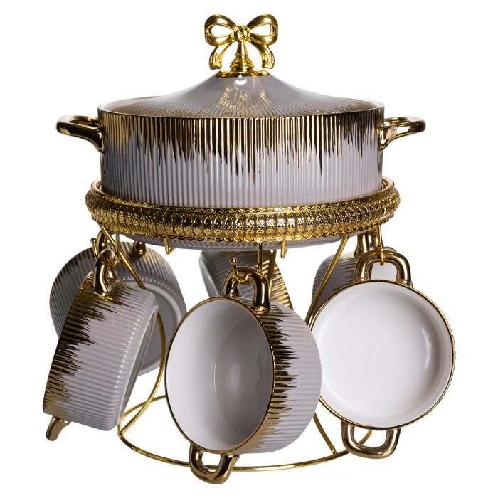 Суповий сервіз на 6 персон супниця 2 (л) на підставці з бульйонницями 400 (мл) тарілки для супу Сірий з золотом FM-A23-6 (12403)