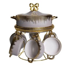 Суповий сервіз на 6 персон супниця 2 (л) на підставці з бульйонницями 400 (мл) тарілки для супу Сірий з золотом FM-A23-6 (12403)