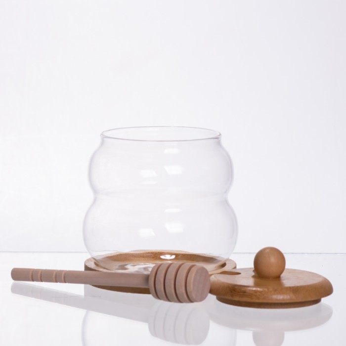 Скляна медовниця з бамбуковою підставкою та ложкою 350 мл 64486-8 (41164)