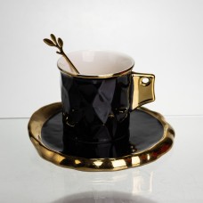 Чашка порцелянова для кави 200 (мл) з блюдцем і ложкою, гарна чашка в подарунок Чорний із золотом FM-1A (78952)