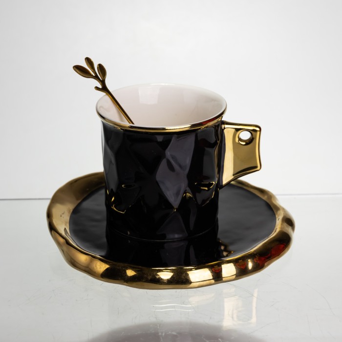 Чашка порцелянова для кави 200 (мл) з блюдцем і ложкою, гарна чашка в подарунок Чорний із золотом FM-1A (78952)