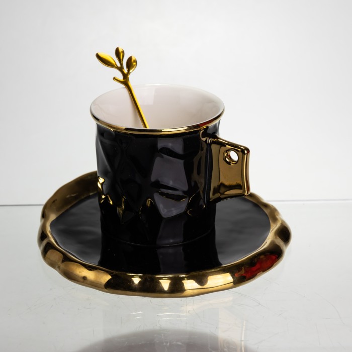 Чашка порцелянова для кави 200 (мл) з блюдцем і ложкою, гарна чашка в подарунок Чорний із золотом FM-1A (78952)