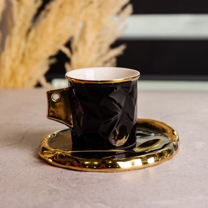 Чашка порцелянова для кави 200 (мл) з блюдцем і ложкою, гарна чашка в подарунок Чорний із золотом FM-1A (78952)