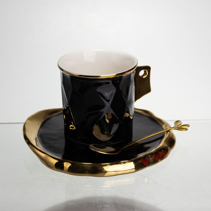 Чашка порцелянова для кави 200 (мл) з блюдцем і ложкою, гарна чашка в подарунок Чорний із золотом FM-1A (78952)