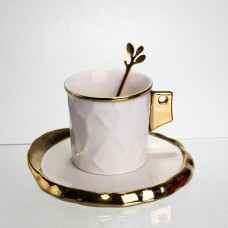 Чашка порцелянова для кави 200 (мл) з блюдцем і ложкою, гарна чашка в подарунок Білий із золотом FM-1B (88357)