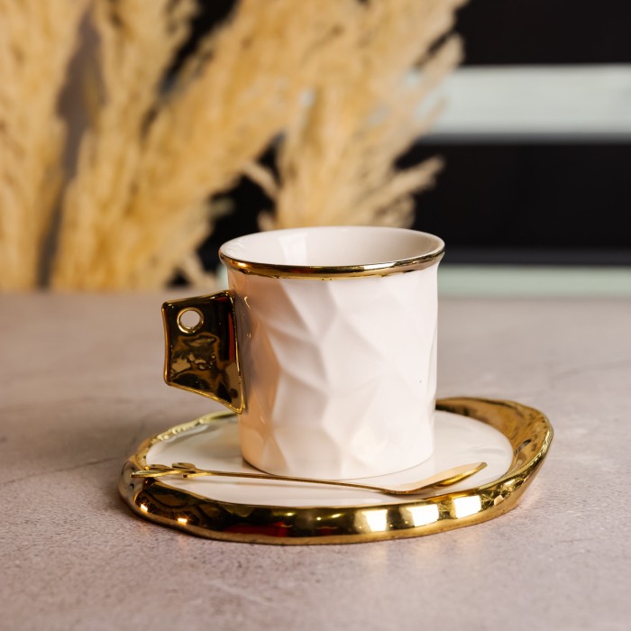 Чашка порцелянова для кави 200 (мл) з блюдцем і ложкою, гарна чашка в подарунок Білий із золотом FM-1B (88357)