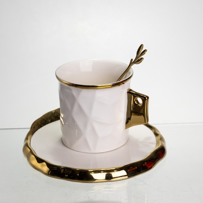 Чашка порцелянова для кави 200 (мл) з блюдцем і ложкою, гарна чашка в подарунок Білий із золотом FM-1B (88357)