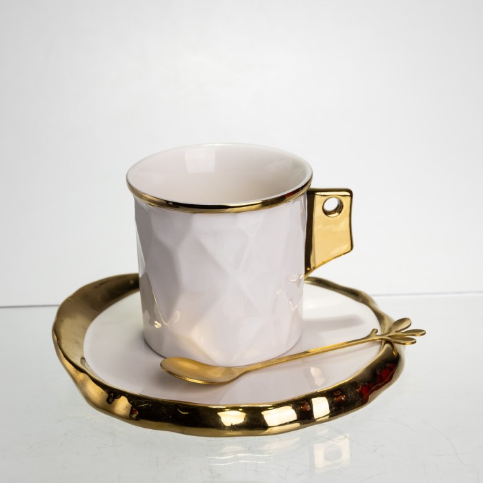 Чашка порцелянова для кави 200 (мл) з блюдцем і ложкою, гарна чашка в подарунок Білий із золотом FM-1B (88357)