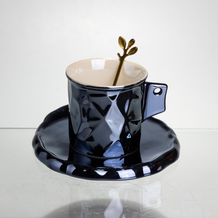 Чашка порцелянова для кави 200 (мл) з блюдцем і ложкою, гарна чашка в подарунок Чорний FM-2A (41770)