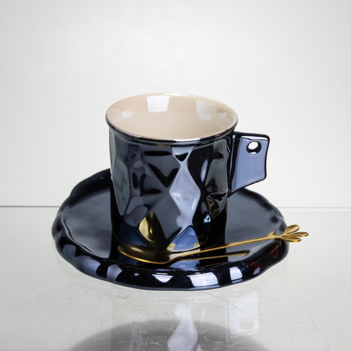 Чашка порцелянова для кави 200 (мл) з блюдцем і ложкою, гарна чашка в подарунок Чорний FM-2A (41770)