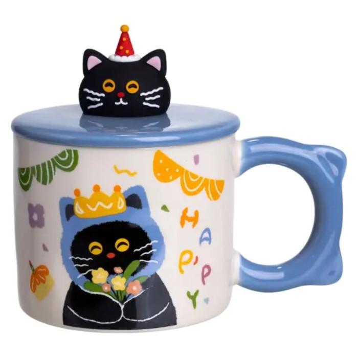 Кубок порцелянова з кришкою Kitten's Birthday 400 (мл) подарункова кружка прикольна чашка для дітей на подарунок Синій FM-24A (89690)