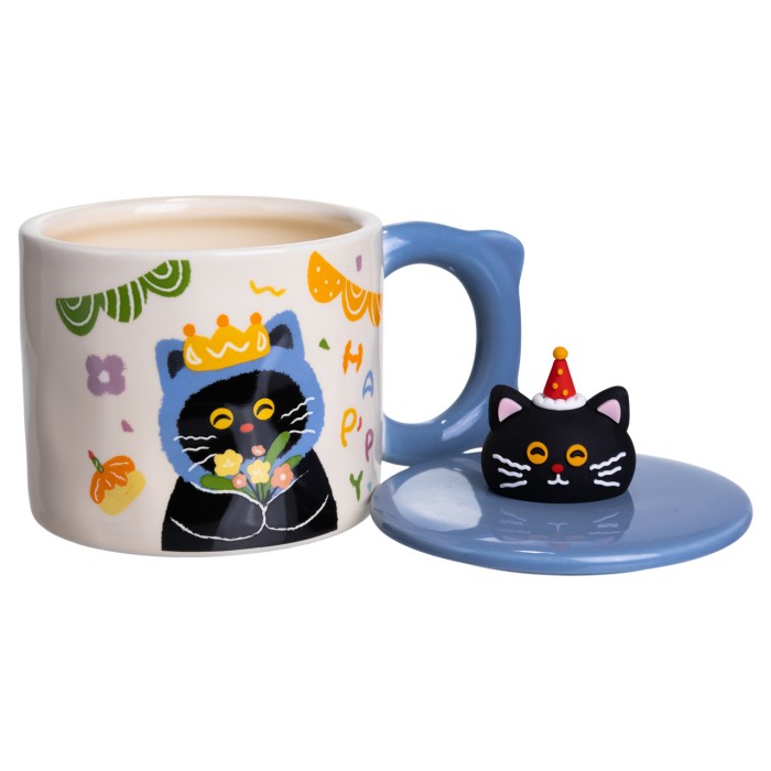 Кубок порцелянова з кришкою Kitten's Birthday 400 (мл) подарункова кружка прикольна чашка для дітей на подарунок Синій FM-24A (89690)