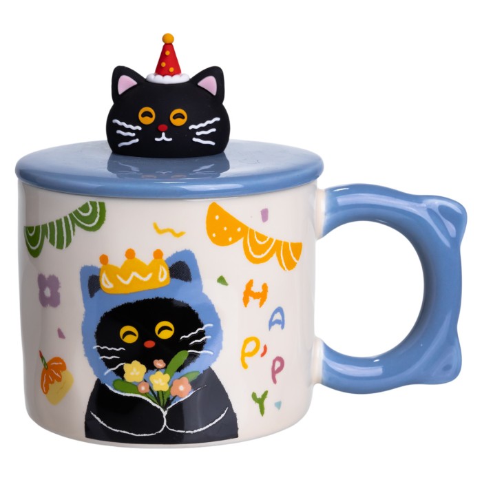 Кубок порцелянова з кришкою Kitten's Birthday 400 (мл) подарункова кружка прикольна чашка для дітей на подарунок Синій FM-24A (89690)