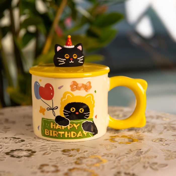 Чашка порцелянова з кришкою Kitten's Birthday 400 (мл) подарункова кружка прикольна чашка для дітей на подарунок Жовтий FM-24B (78926)