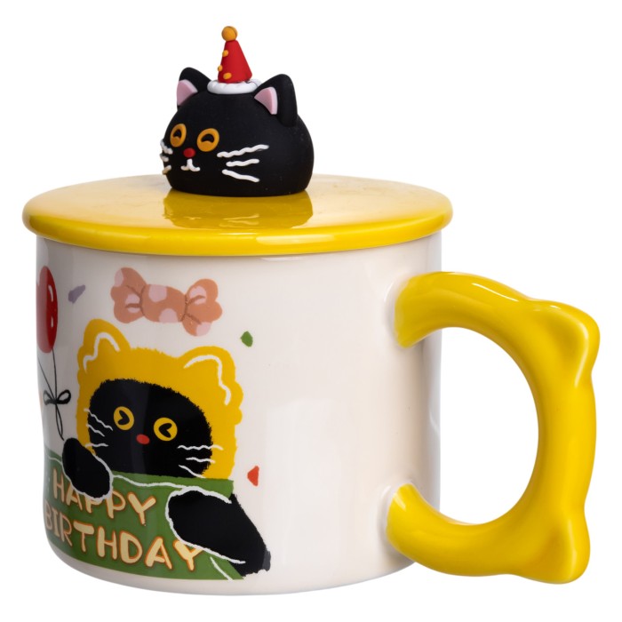 Чашка порцелянова з кришкою Kitten's Birthday 400 (мл) подарункова кружка прикольна чашка для дітей на подарунок Жовтий FM-24B (78926)