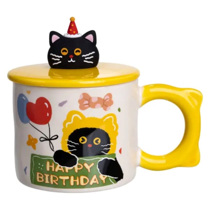 Чашка порцелянова з кришкою Kitten's Birthday 400 (мл) подарункова кружка прикольна чашка для дітей на подарунок Жовтий FM-24B (78926)