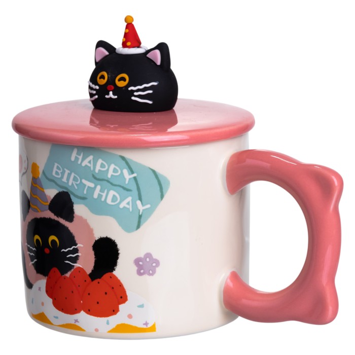 Кубок порцелянова з кришкою Kitten's Birthday 400 (мл) подарункова кружка прикольна чашка для дітей на подарунок Рожевий FM-24C (17773)
