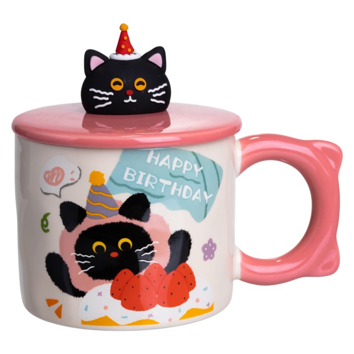 Кубок порцелянова з кришкою Kitten's Birthday 400 (мл) подарункова кружка прикольна чашка для дітей на подарунок Рожевий FM-24C (17773)