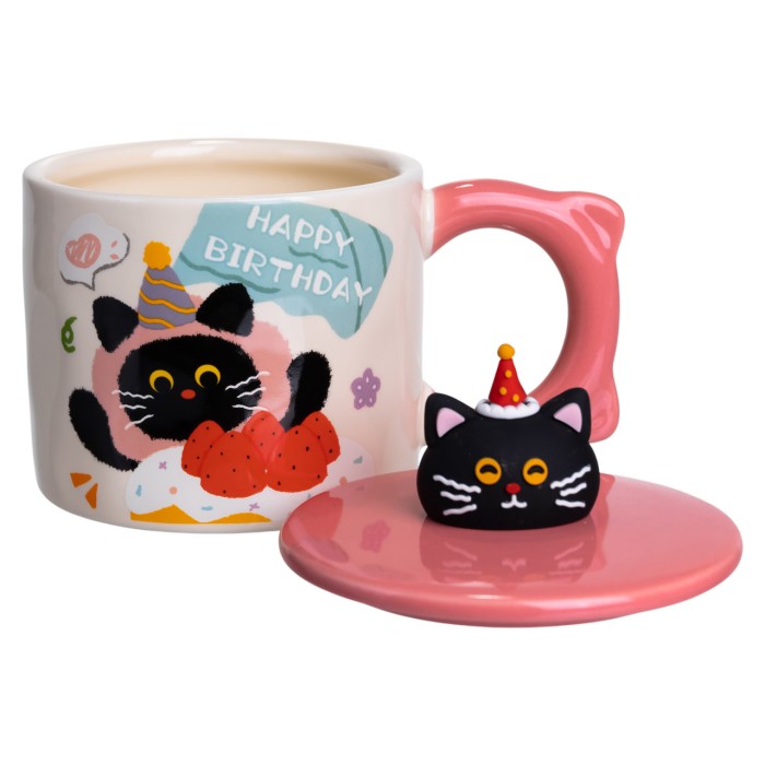 Кубок порцелянова з кришкою Kitten's Birthday 400 (мл) подарункова кружка прикольна чашка для дітей на подарунок Рожевий FM-24C (17773)