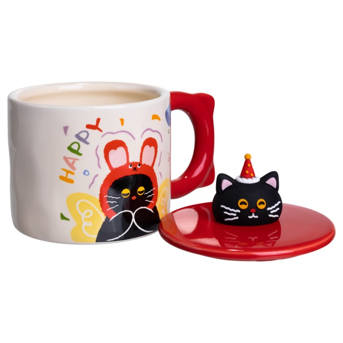 Кубок порцелянова з кришкою Kitten's Birthday 400 (мл) подарункова кружка прикольна чашка для дітей на подарунок Червоний FM-24D (56296)