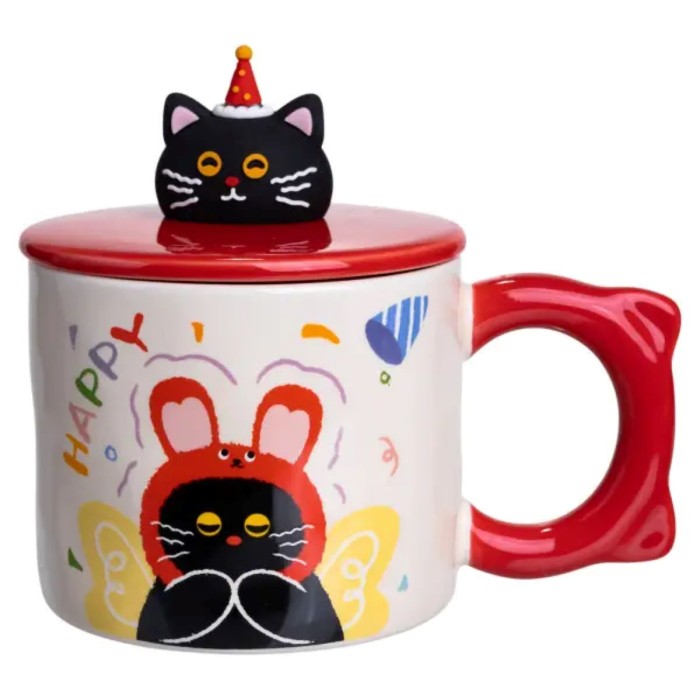 Кубок порцелянова з кришкою Kitten's Birthday 400 (мл) подарункова кружка прикольна чашка для дітей на подарунок Червоний FM-24D (56296)