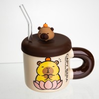 Кубок порцелянова з кришкою та трубочкою Капібара в лотосі 300 (мл) подарункова кружка прикольна чашка для дітей на подарунок FM-27B (10373)