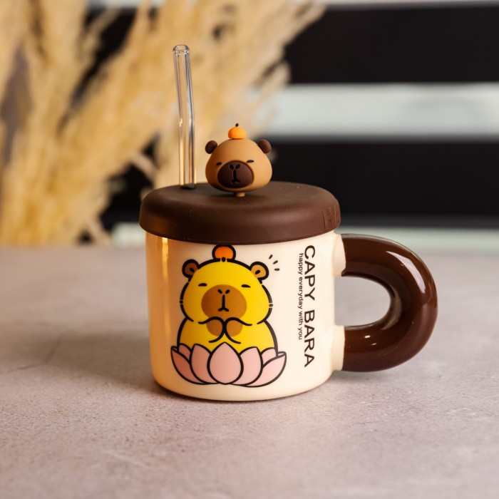 Кубок порцелянова з кришкою та трубочкою Капібара в лотосі 300 (мл) подарункова кружка прикольна чашка для дітей на подарунок FM-27B (10373)