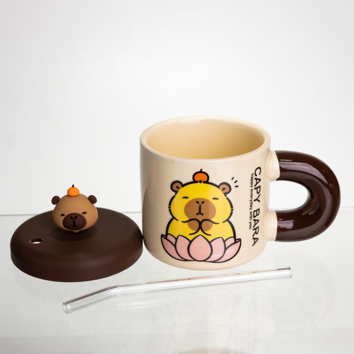 Кубок порцелянова з кришкою та трубочкою Капібара в лотосі 300 (мл) подарункова кружка прикольна чашка для дітей на подарунок FM-27B (10373)