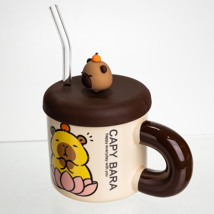 Кубок порцелянова з кришкою та трубочкою Капібара в лотосі 300 (мл) подарункова кружка прикольна чашка для дітей на подарунок FM-27B (10373)