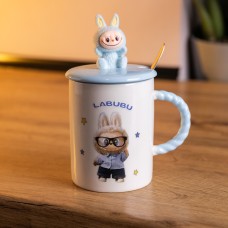 Чашка порцелянова з кришкою і ложкою Labubu 400 (мл) подарункова кружка прикольна чашка для дітей на подарунок Блакитний FM-35B (89641)