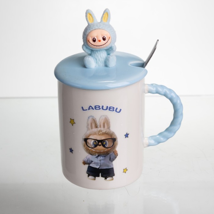 Чашка порцелянова з кришкою і ложкою Labubu 400 (мл) подарункова кружка прикольна чашка для дітей на подарунок Блакитний FM-35B (89641)