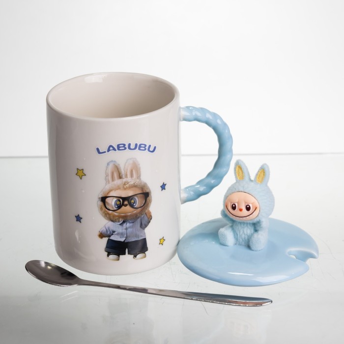 Чашка порцелянова з кришкою і ложкою Labubu 400 (мл) подарункова кружка прикольна чашка для дітей на подарунок Блакитний FM-35B (89641)