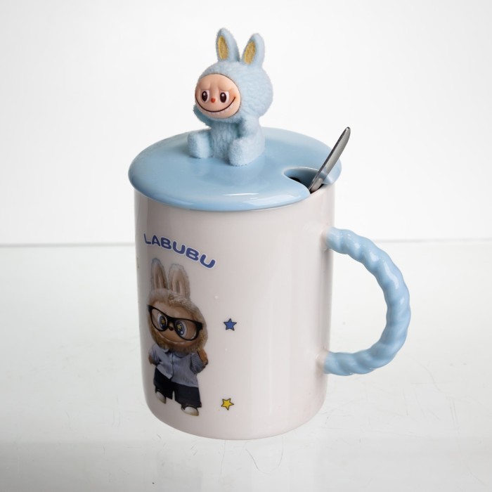 Чашка порцелянова з кришкою і ложкою Labubu 400 (мл) подарункова кружка прикольна чашка для дітей на подарунок Блакитний FM-35B (89641)