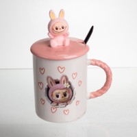 Кубок порцелянова з кришкою і ложкою Labubu 400 (мл) подарункова кружка прикольна чашка для дітей на подарунок Рожевий FM-35C (17222)