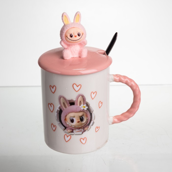 Кубок порцелянова з кришкою і ложкою Labubu 400 (мл) подарункова кружка прикольна чашка для дітей на подарунок Рожевий FM-35C (17222)