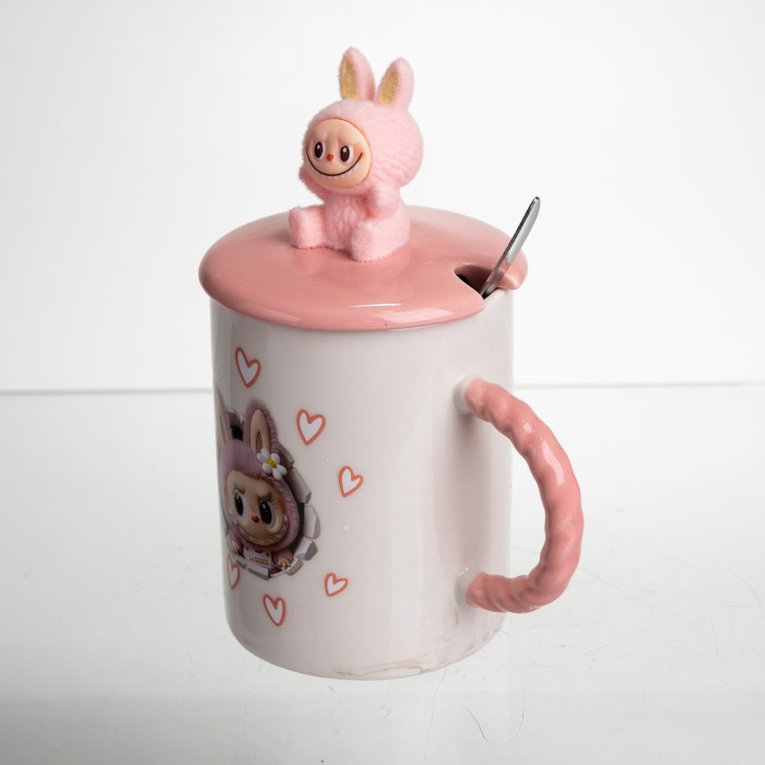 Кубок порцелянова з кришкою і ложкою Labubu 400 (мл) подарункова кружка прикольна чашка для дітей на подарунок Рожевий FM-35C (17222)
