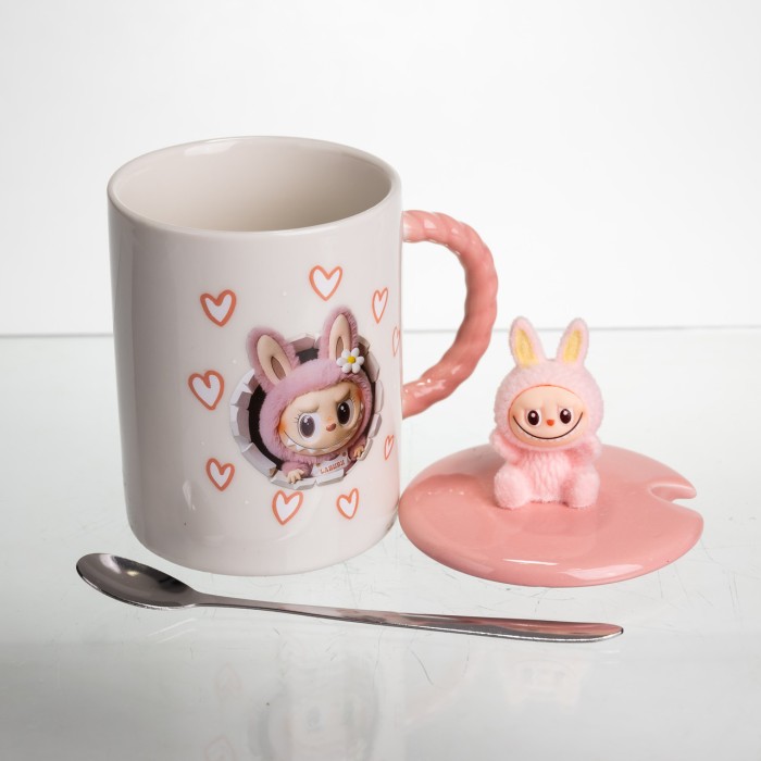 Кубок порцелянова з кришкою і ложкою Labubu 400 (мл) подарункова кружка прикольна чашка для дітей на подарунок Рожевий FM-35C (17222)