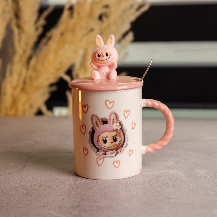 Кубок порцелянова з кришкою і ложкою Labubu 400 (мл) подарункова кружка прикольна чашка для дітей на подарунок Рожевий FM-35C (17222)