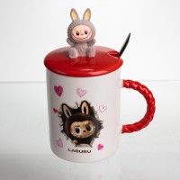 Кубок порцелянова з кришкою і ложкою Labubu 400 (мл) подарункова кружка прикольна чашка для дітей на подарунок Червоний FM-35D (82804)