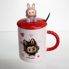 Кубок порцелянова з кришкою і ложкою Labubu 400 (мл) подарункова кружка прикольна чашка для дітей на подарунок Червоний FM-35D (82804)