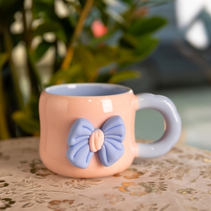 Кубок порцелянова з магнітом Бант 400 (мл) подарункова кружка прикольна чашка для дітей на подарунок Рожевий з блакитним FM-52C (29718)