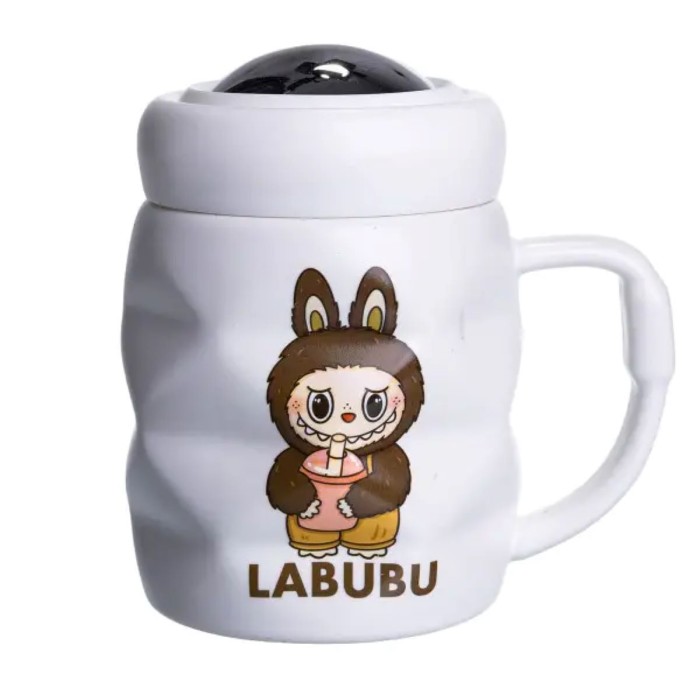 Чашка порцелянова з кришкою Labubu 400 (мл) подарункова кружка прикольна чашка для дітей на подарунок Білий з темно-коричневим FM-54C (78981)