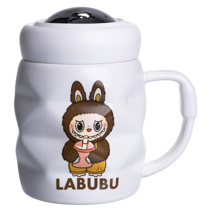 Чашка порцелянова з кришкою Labubu 400 (мл) подарункова кружка прикольна чашка для дітей на подарунок Білий з темно-коричневим FM-54C (78981)