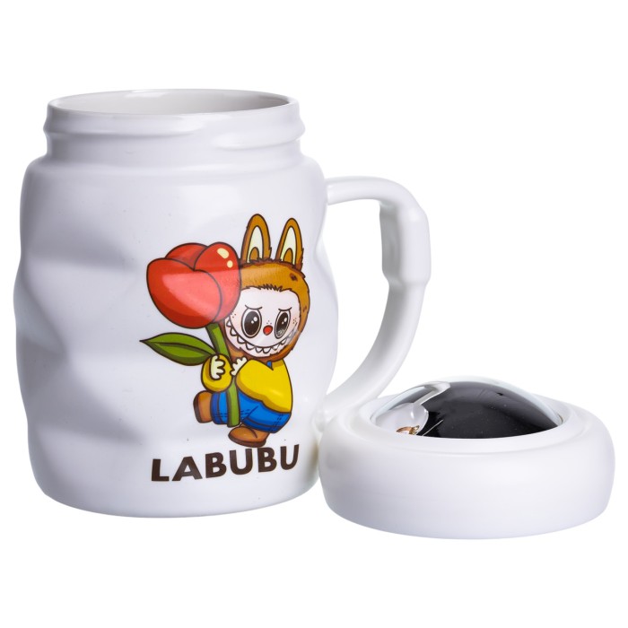 Чашка порцелянова з кришкою Labubu 400 (мл) подарункова кружка прикольна чашка для дітей на подарунок Білий з жовтим FM-54D (79273)