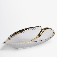 Декоративне блюдо у формі листочка 40 см, порцелянове, біле з золотом WH046 (30912)